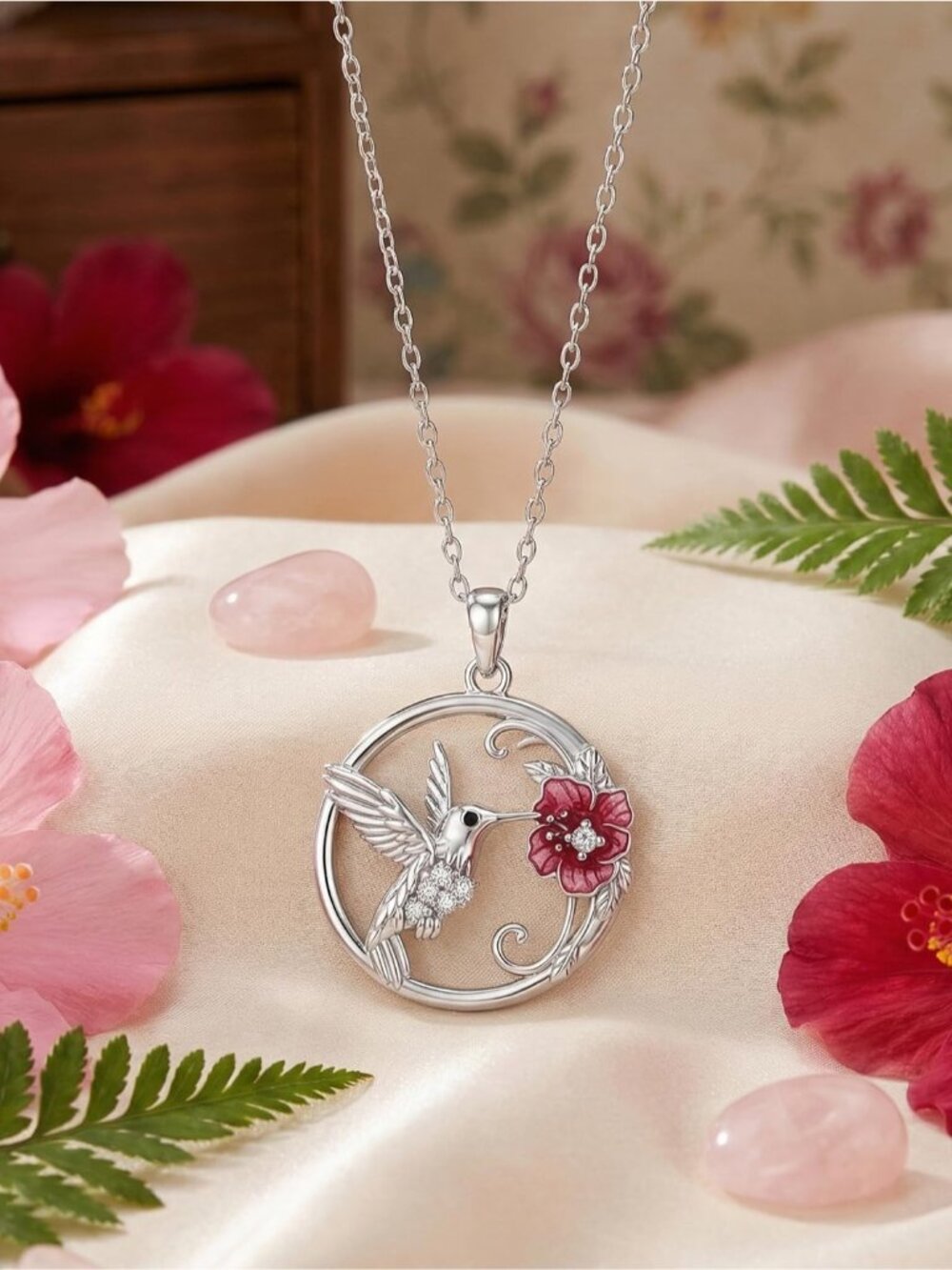 Diamond Hummingbird Necklace for Women, 925 Sterling Silver Red Flower Hummingbi - Picture 2 of 6